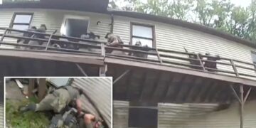 Harrowing video shows US Marshals plunge several feet when deck collapses at home of convicted sex offender