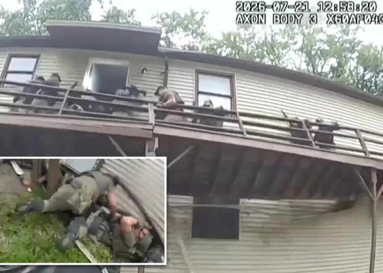 Harrowing video shows US Marshals plunge several feet when deck collapses at home of convicted sex offender