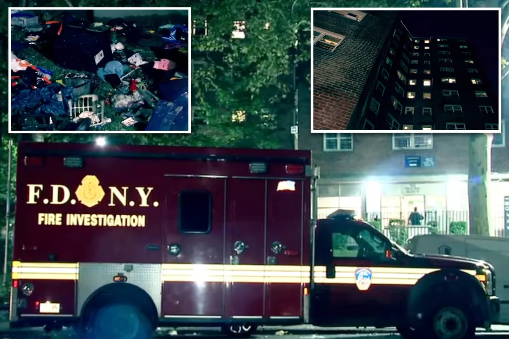 Collage of a fire investigation truck, a tall building at night, and debris.