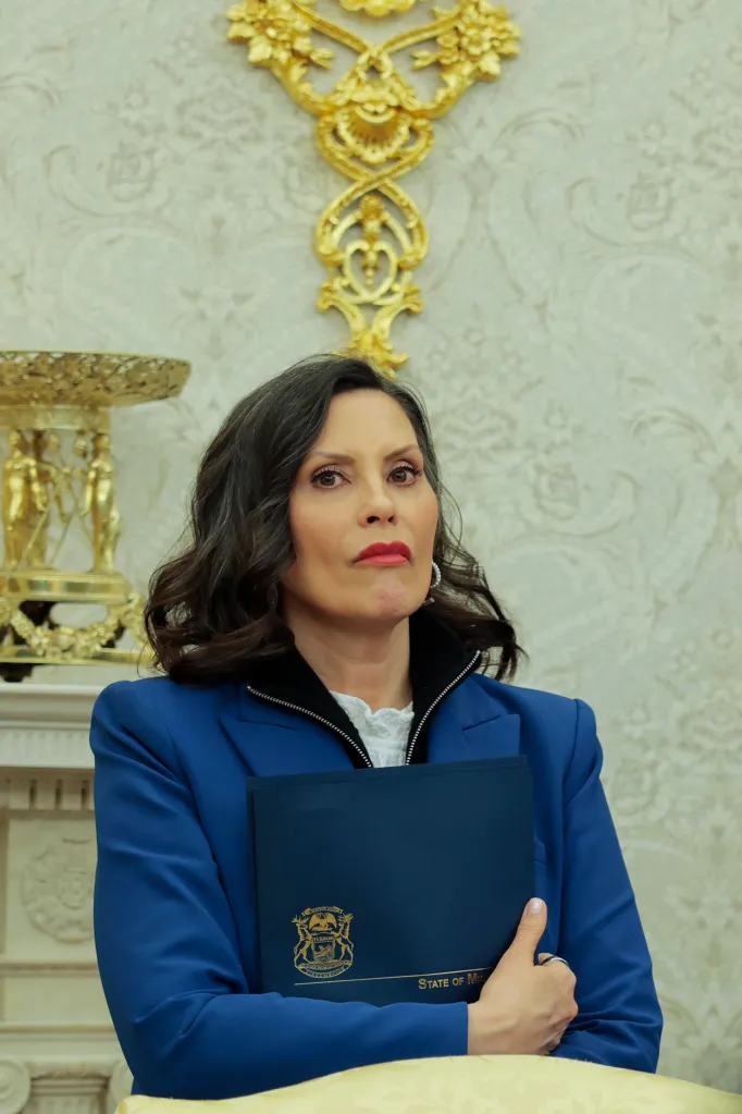 Michigan Gov. Gretchen Whitmer sits in during an event in the Oval Office of the White House on April 9, 2025.