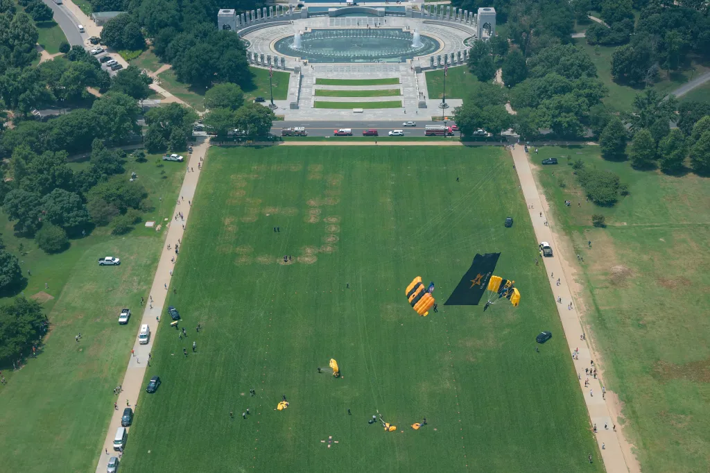 Members of the U.S. Army Golden Knights participate in a test jump over the National Mall on June 11, 2026 in Washington, DC. The aerial demonstration and competition unit are preparing to participate in several of America's 250th Celebrations.