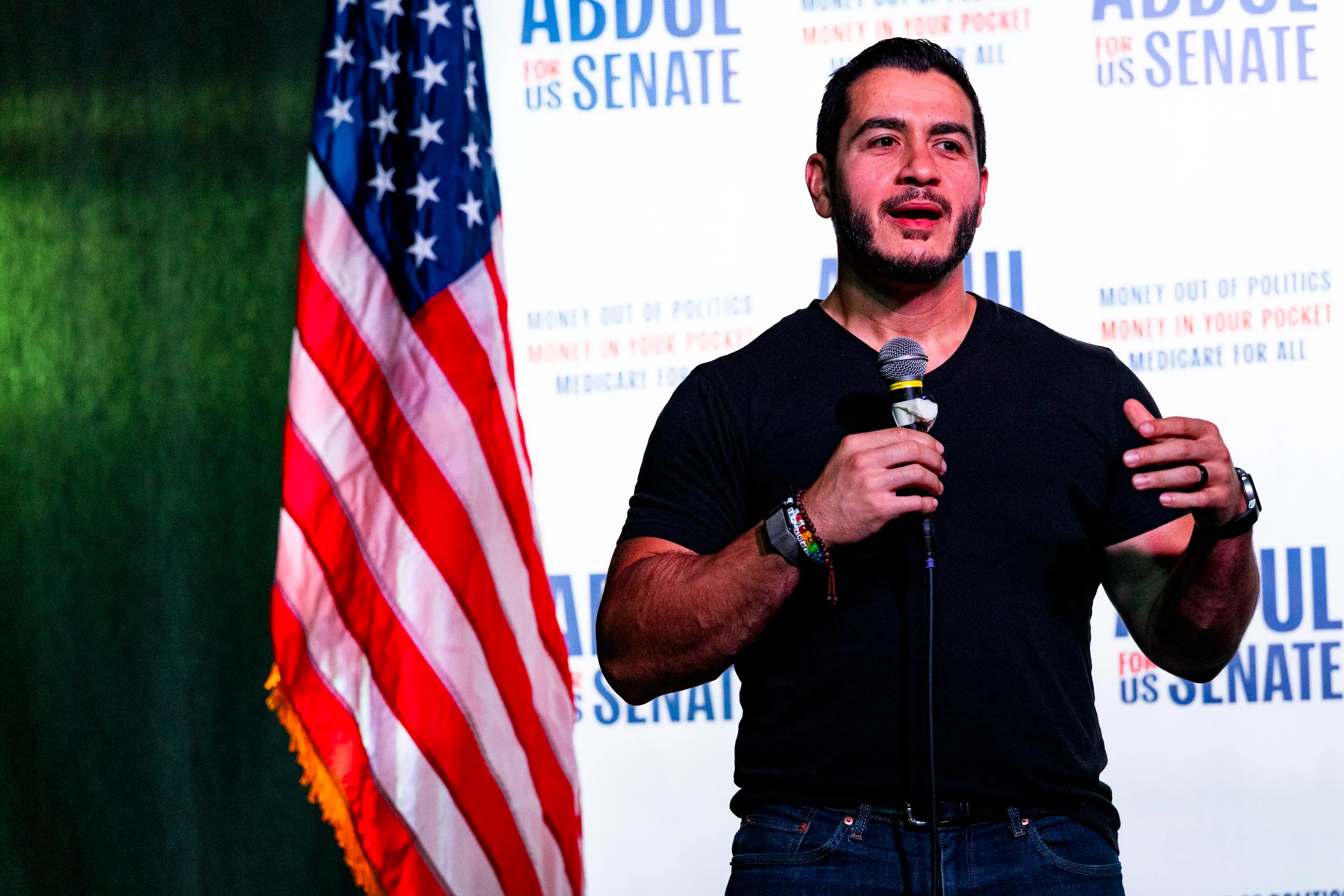 El-Sayed on speaks into a mic El-Sayed on speaks into a mic