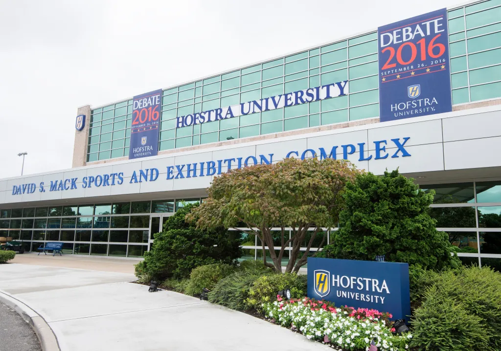 The exterior of Hofstra University's David S. Mack Sports and Exhibition Complex, featuring two