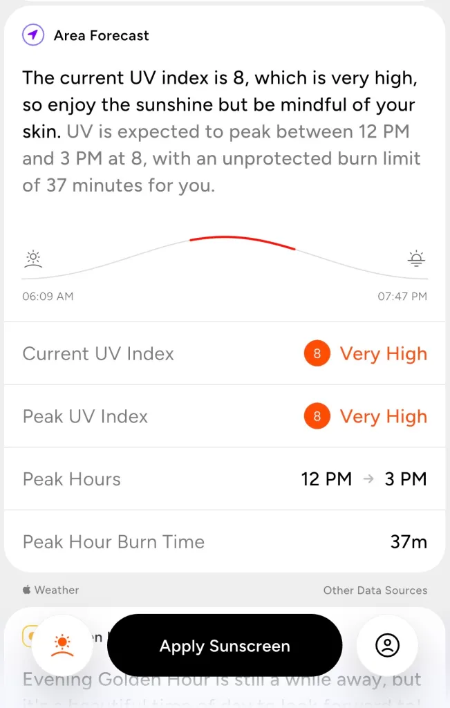 A screen displaying a UV index forecast of 8, with a burn limit of 37 minutes.