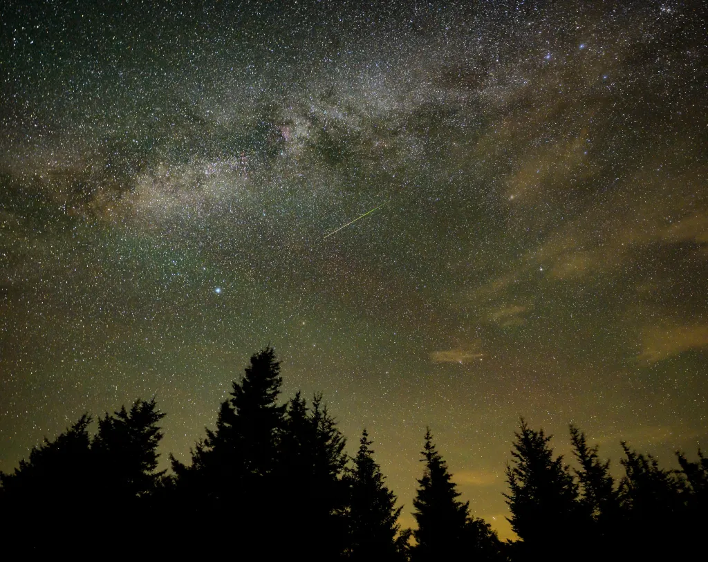 A meteor streaks across the sky filled with stars and faint clouds, above a silhouette of evergreen trees.