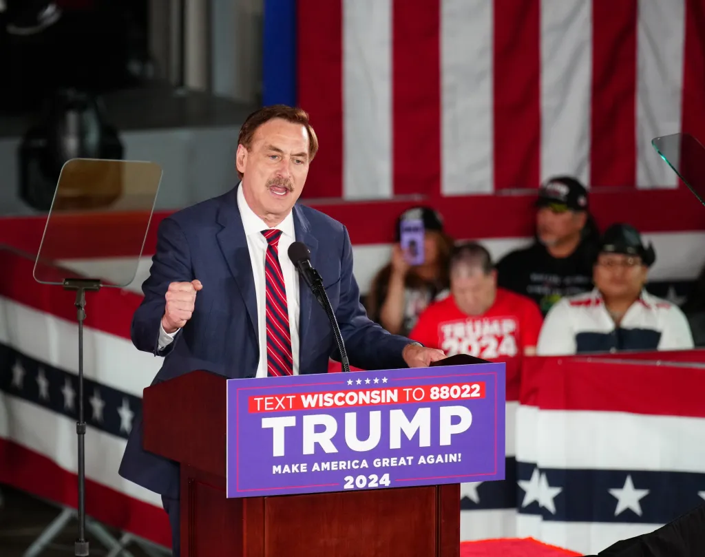 My Pillow founder Mike Lindell speaking at a Donald Trump campaign rally.