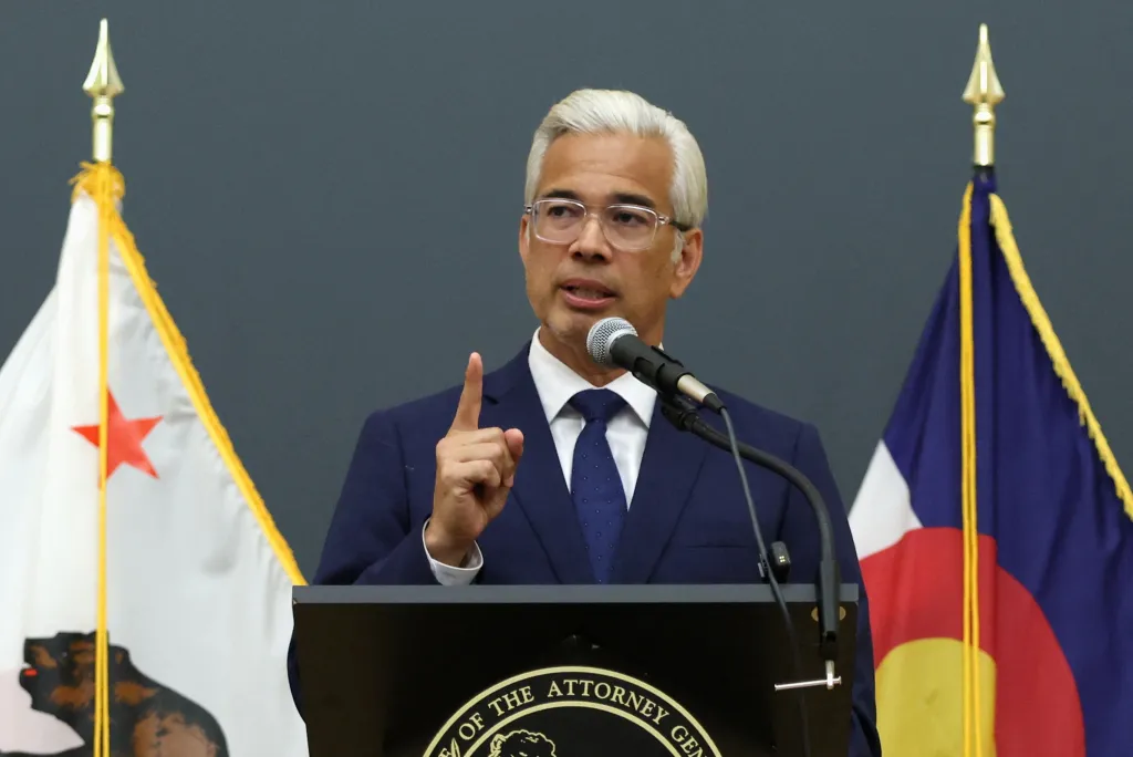 California Attorney General Rob Bonta speaking at a press conference.