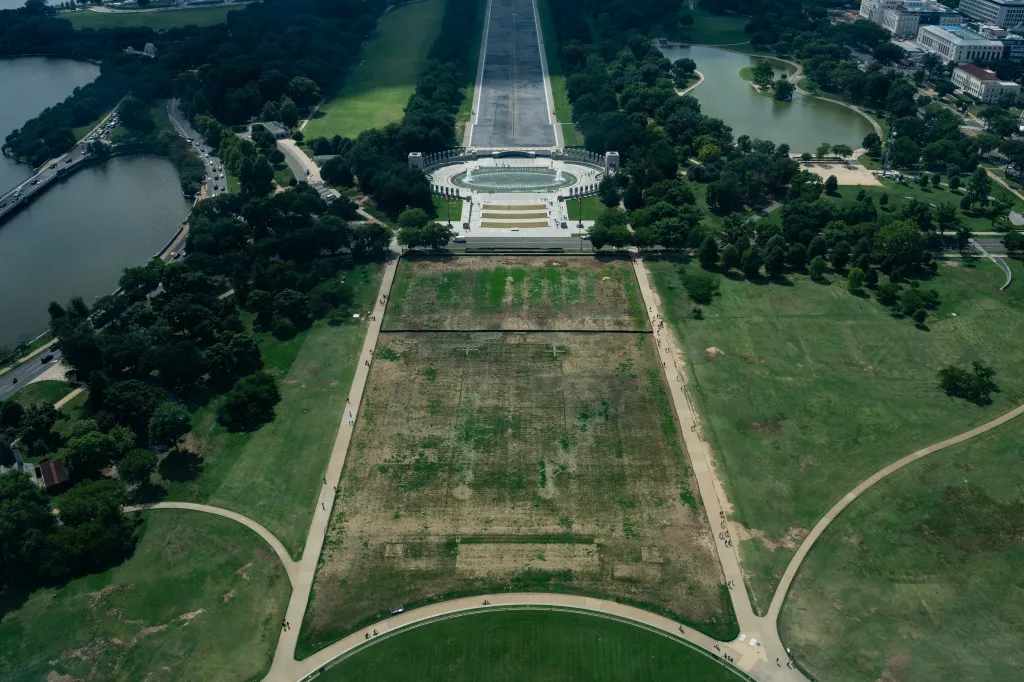 The drained Lincoln Memorial Reflecting Pool and a patch of grass where 