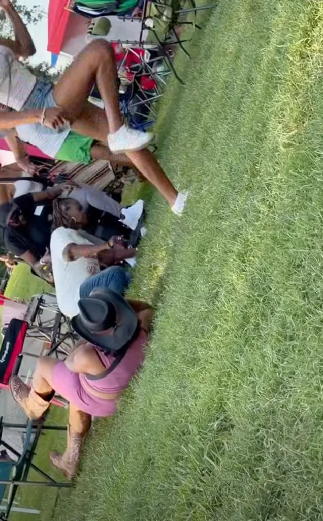 People relaxing on grass next to outdoor chairs.
