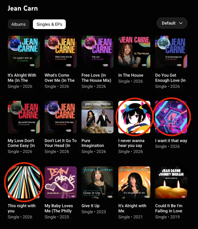 A screenshot from Jean Carne's artist profile on Spotify, with three AI-generated tracks circled in red among several legitimate songs.