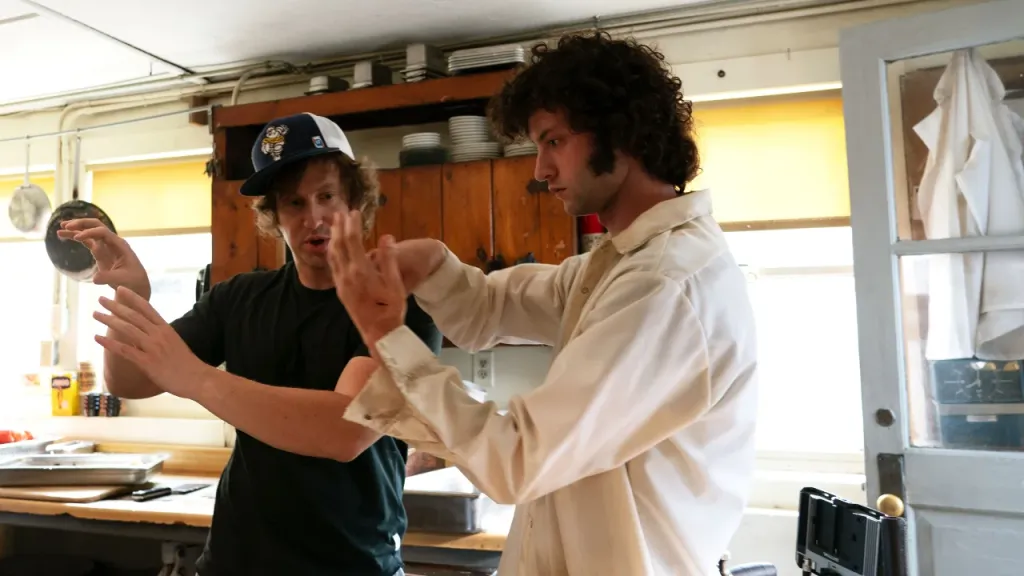 Matt Johnson and Dominic Sessa on the set of