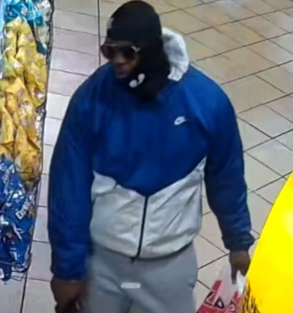 Person in a blue and white jacket, black balaclava, and sunglasses.
