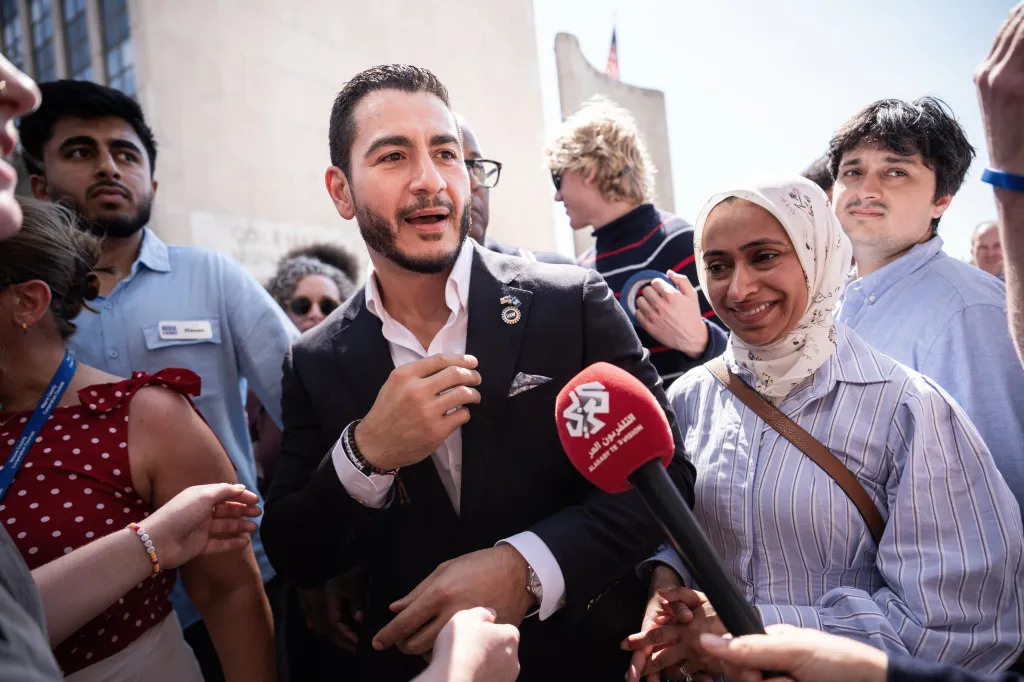 Abdul El-Sayed speaking to reporters after winning the Democratic nomination for U.S. Senate in Michigan.