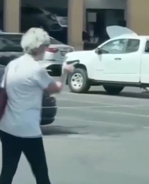 A grandmother points a gun at a white pickup truck.