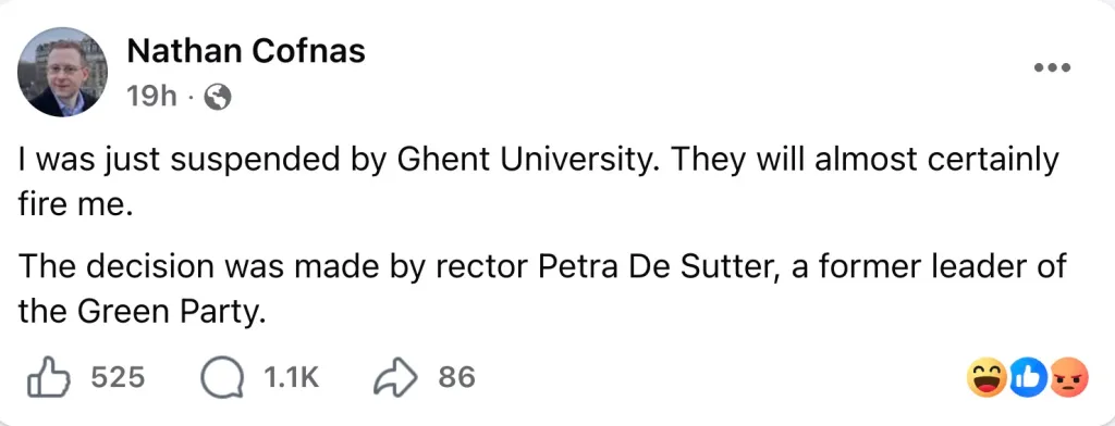 A Facebook post from Nathan Cofnas stating he was suspended by Ghent University and believes he will be fired.