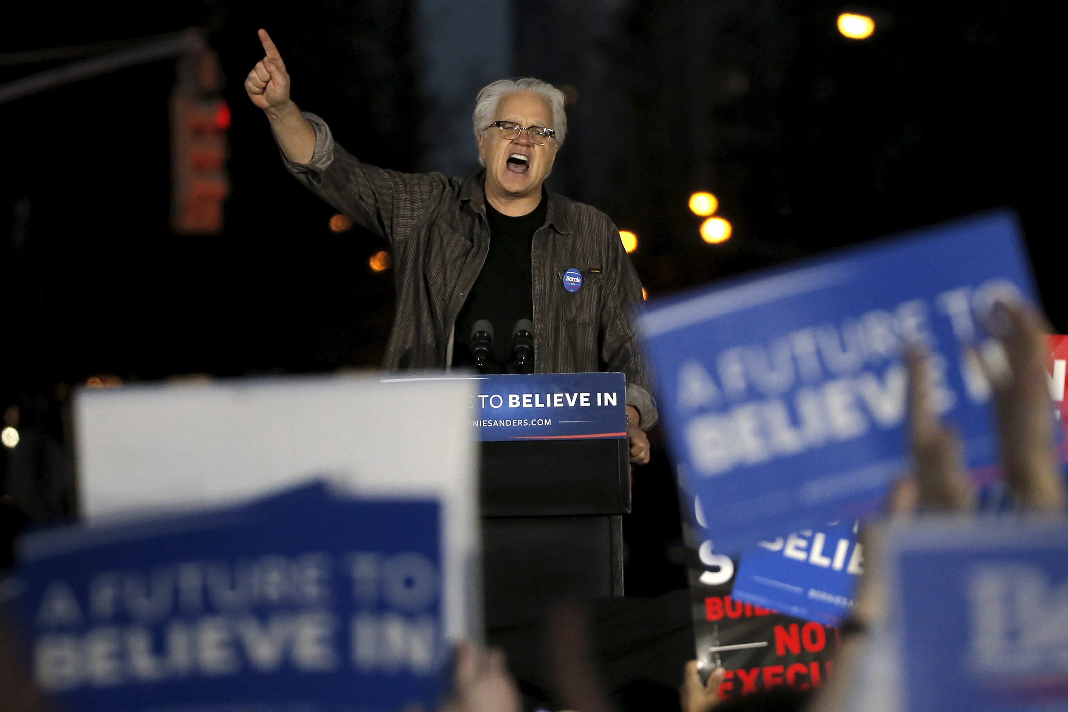 Robbins speaks at a campaign rally for U.S. Democratic presidential candidate Bernie Sanders in Washington Square Park in the Greenwich Village neighborhood of New York City, April 13, 2016
