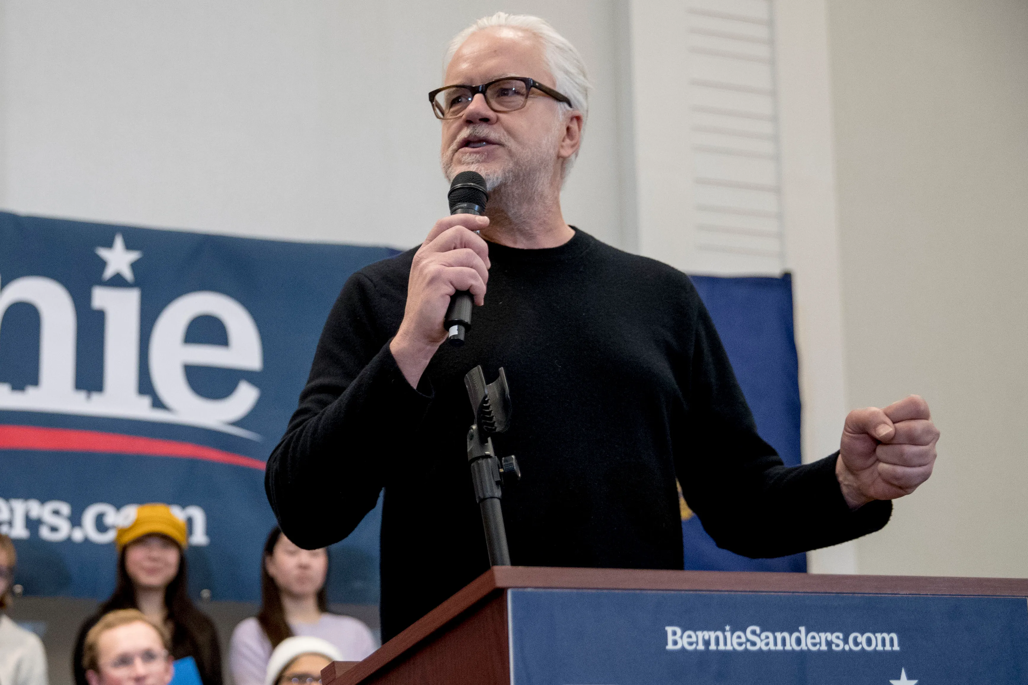 Actor Tim Robbins speaks before introducing Democratic presidential candidate Sen. Bernie Sanders, I-Vt., to speak at a campaign stop at the Hanover Inn Dartmouth, Sunday, Feb. 9, 2020, in Hanover, NH.