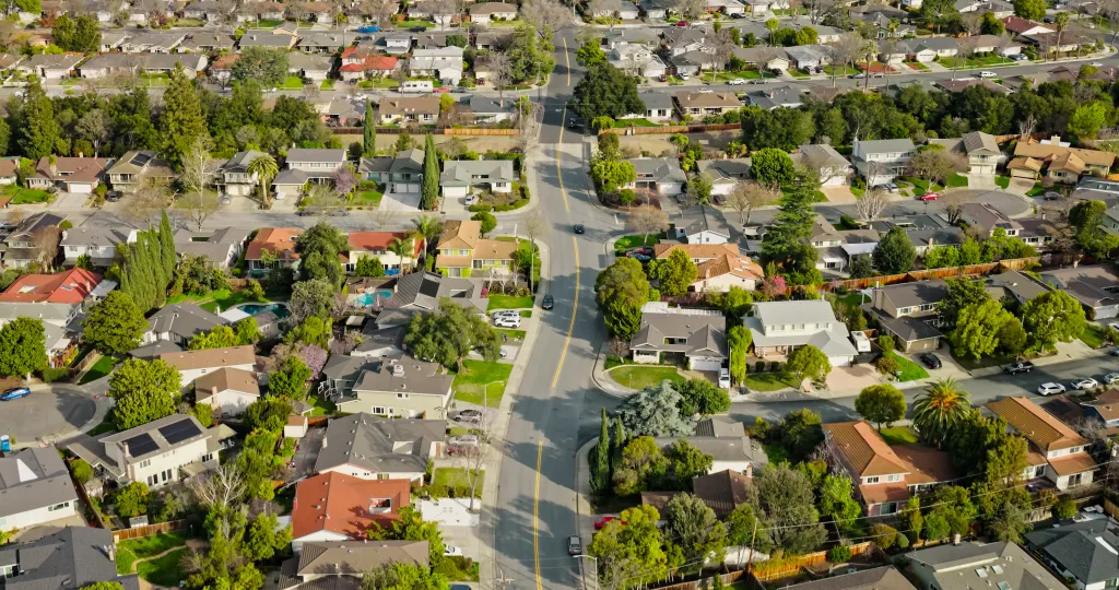 Aerial view of residential streets in Sunnyvale, California.