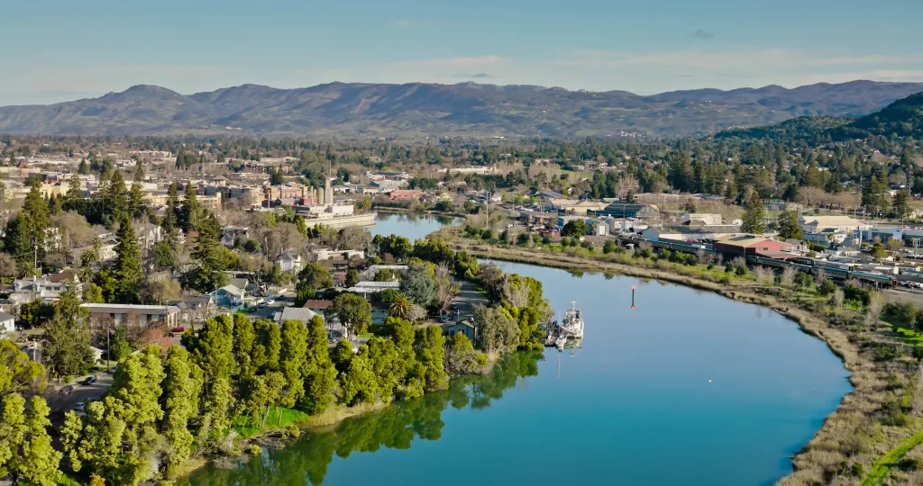 Aerial view of the Napa River flowing through the town of Napa in Northern California.