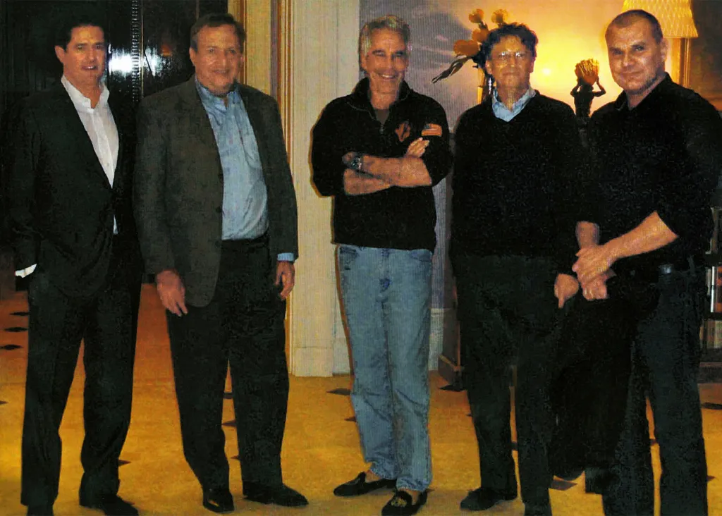 James Staley, Lawrence Summers, Jeffrey Epstein, Bill Gates, and Boris Nikolic stand together at Epstein's Manhattan house.