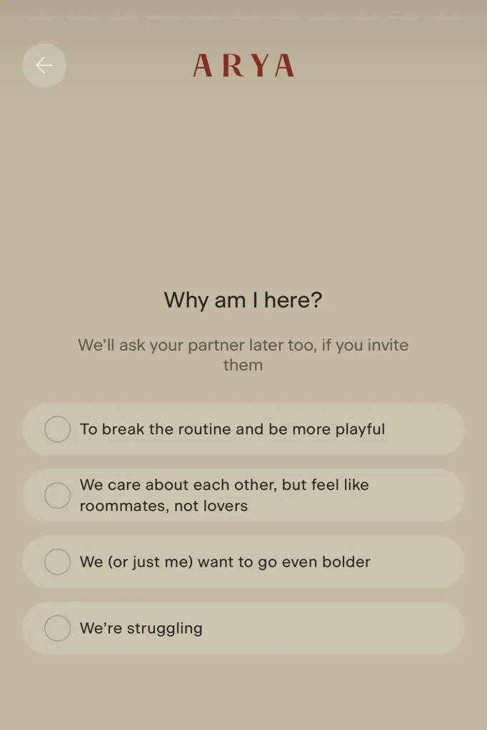 A questionnaire from Arya, an intimacy concierge service, asking 