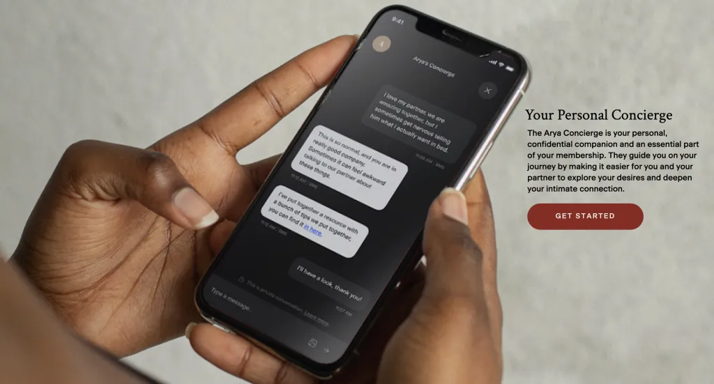 A phone screen showing an interaction with the Arya Concierge chatbot.