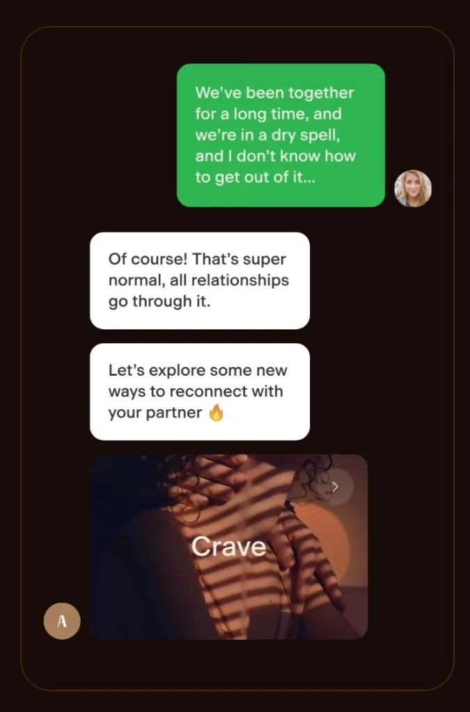 A messaging interface showing a conversation about reconnecting with a partner, with an image featuring the word 