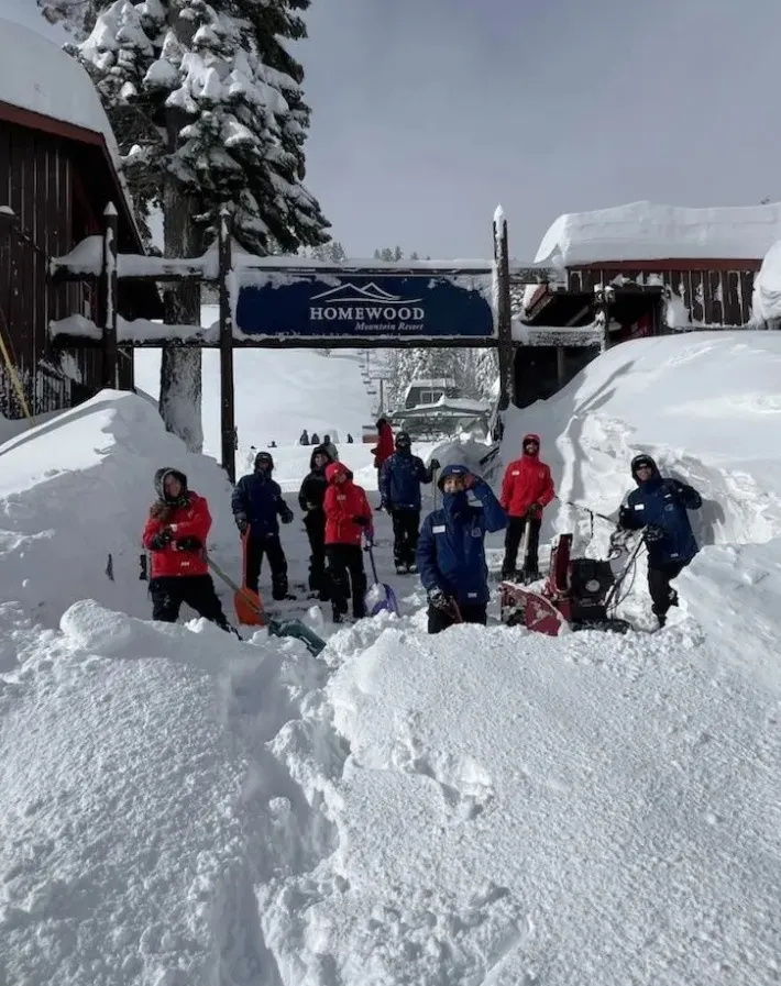 Ski patrol staff working to clear heavy snow at Homewood Mountain Resort.
