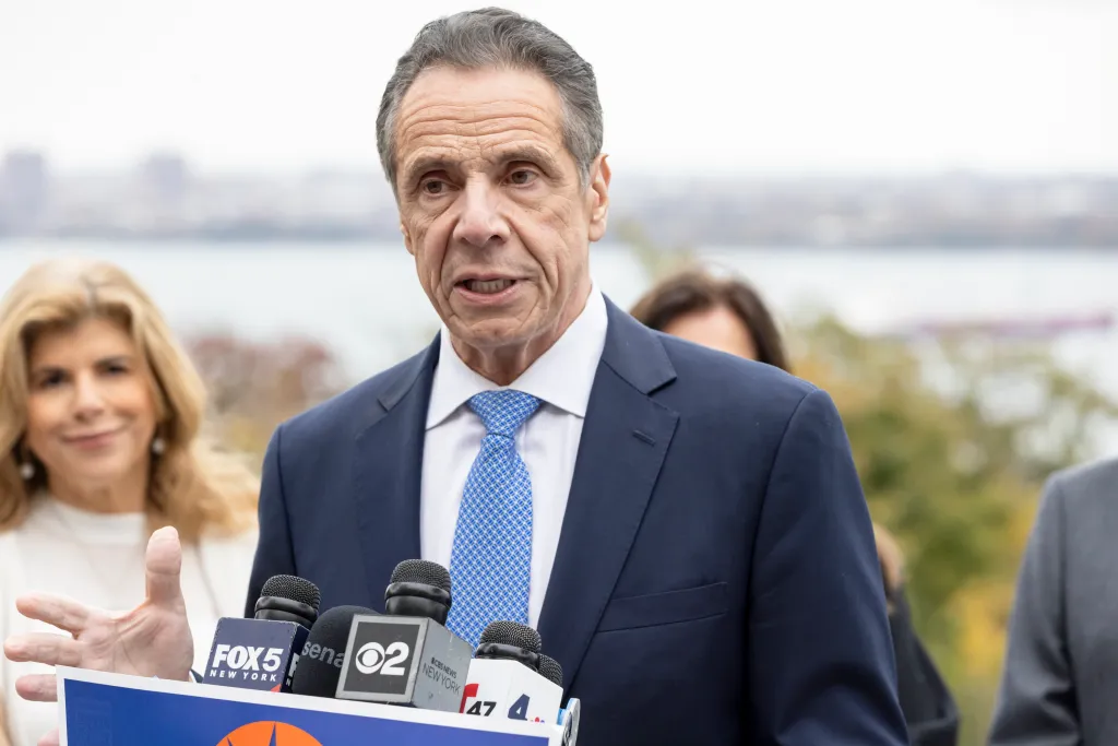Andrew Cuomo speaking to press and supporters at Casa Belvedere in Staten Island.