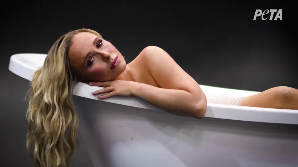 Hayden Panettiere in a white bathtub, promoting PETA.