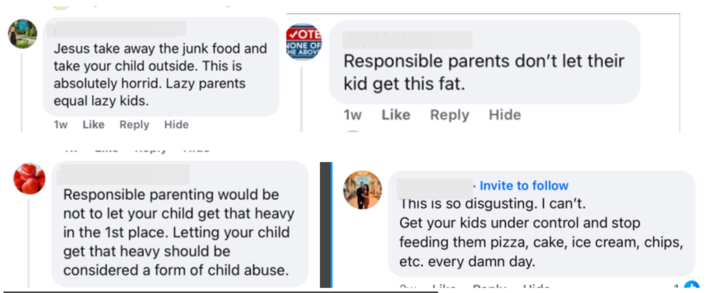 Collage of four anonymous comments from social media posts about pediatric obesity.