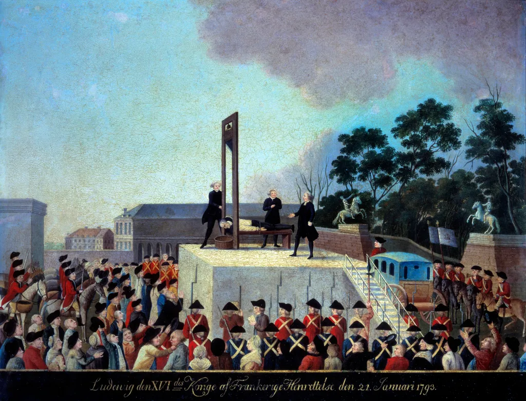 Illustration of the execution of Louis XVI by guillotine, with a large crowd and soldiers watching.