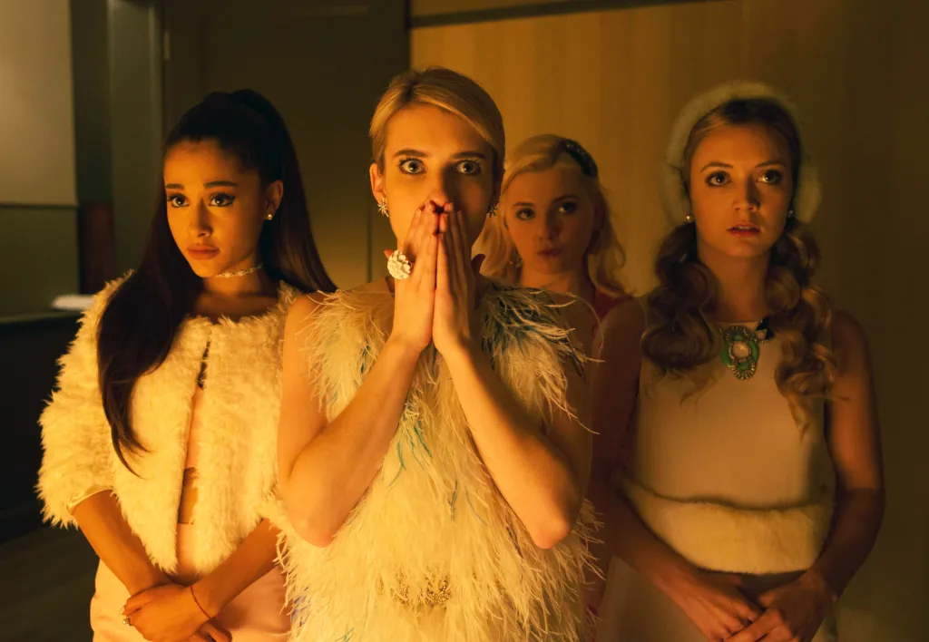 Four women with worried expressions, from left: Ariana Grande, Emma Roberts, Abigail Breslin, and Billie Lourd.