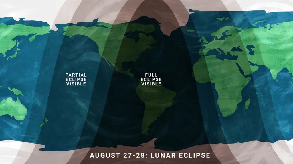 Illustration of a map of the world showing the visibility of a full and partial lunar eclipse.