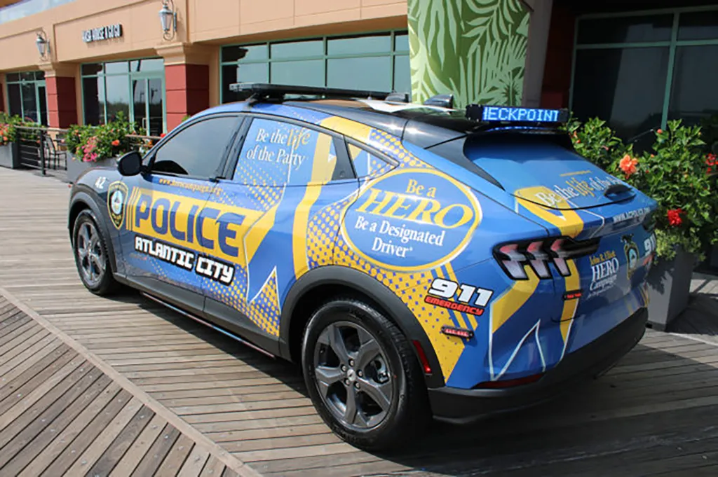 Atlantic City's new HERO-wrapped, all-electric Mustang Mach-E patrol car.
