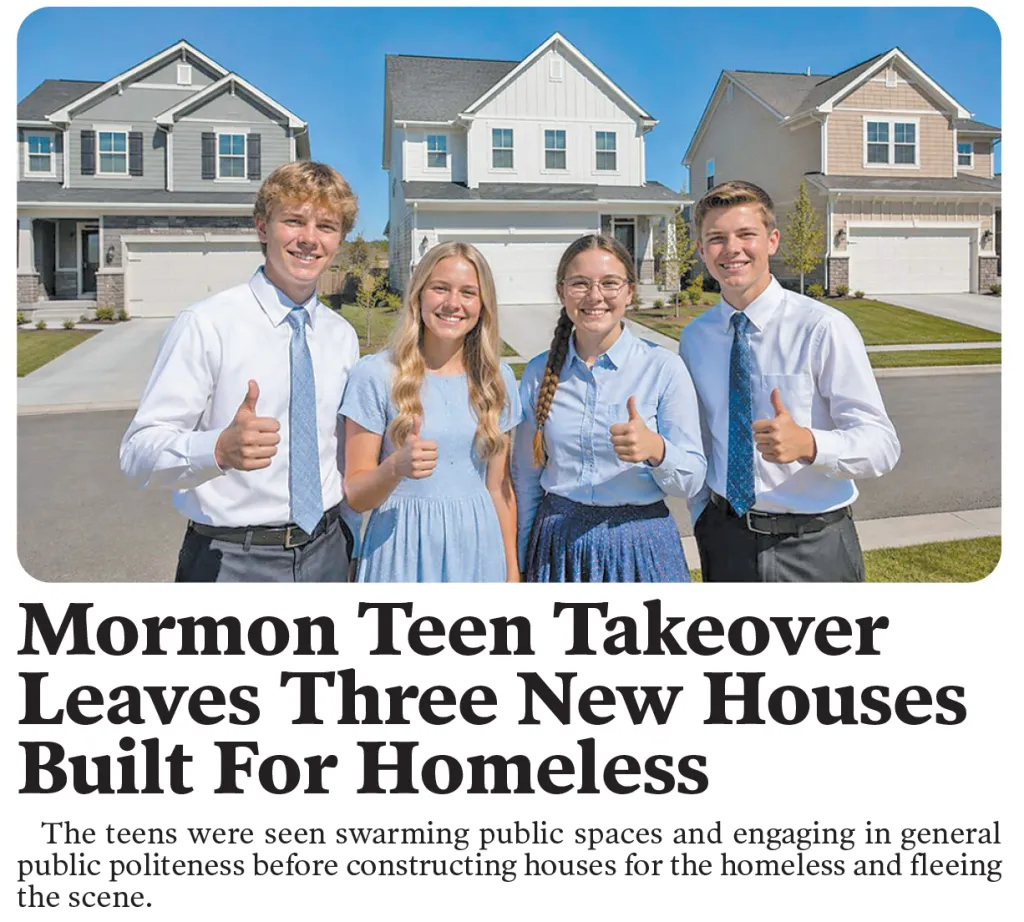 Four teenagers, two boys and two girls, standing in front of three houses with their thumbs up, next to the Babylon Bee headline 