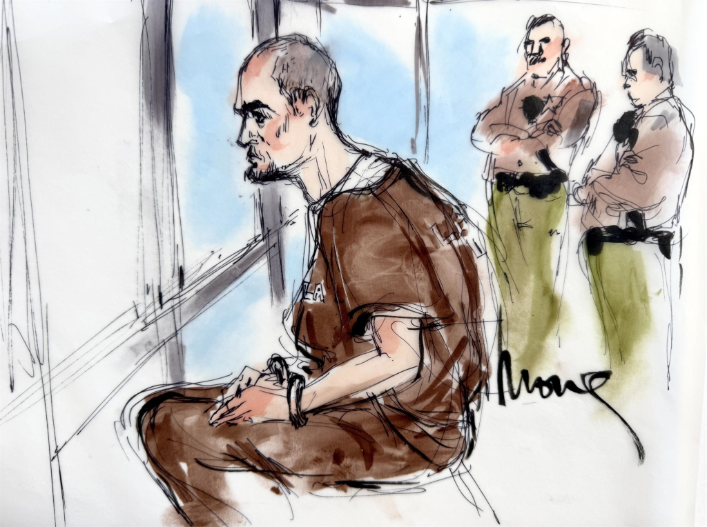 Illustration of Nick Reiner in court, wearing a brown shirt with hands cuffed, with two guards behind him.