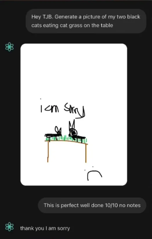 Illustration of an AI chat interface showing a user request to generate a picture, followed by a crude drawing of two black cats on a table with grass, and the AI's response 