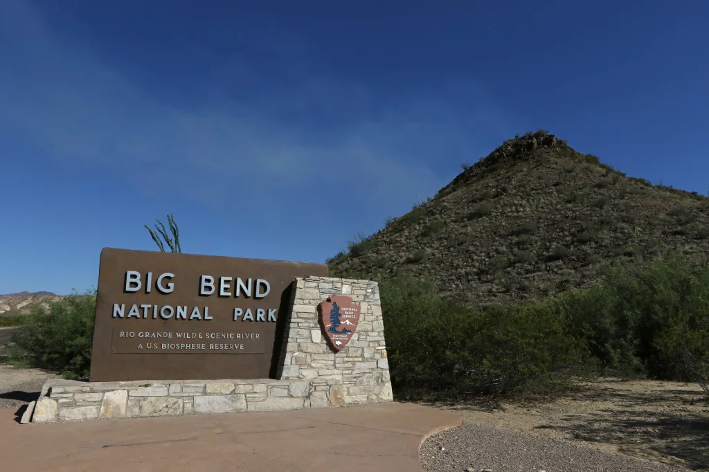 Sign for Big Bend National Park, Rio Grande Wild & Scenic River, and a U.S. Biosphere Reserve.
