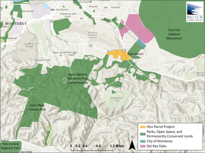 Map of Monterey and surrounding areas with different land use designations, including the Hiss Parcel Project.