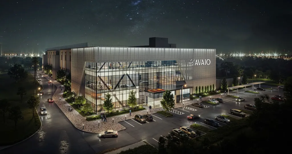 Illustration of a modern AVAIO data center at night with a starry sky, surrounded by roads, trees, and cars in a parking lot.