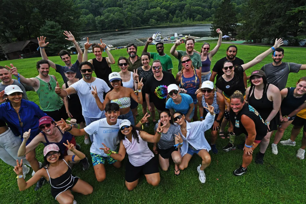 A large group of adults at Camp Getaway in Kent, Connecticut, having fun.