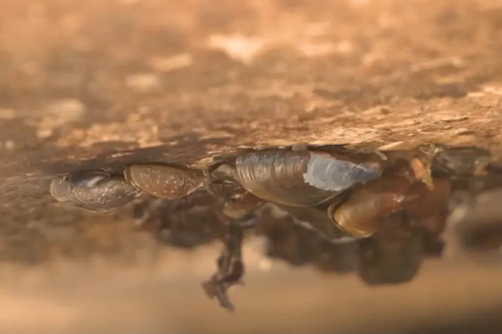 Close-up of golden mussels on a boat.