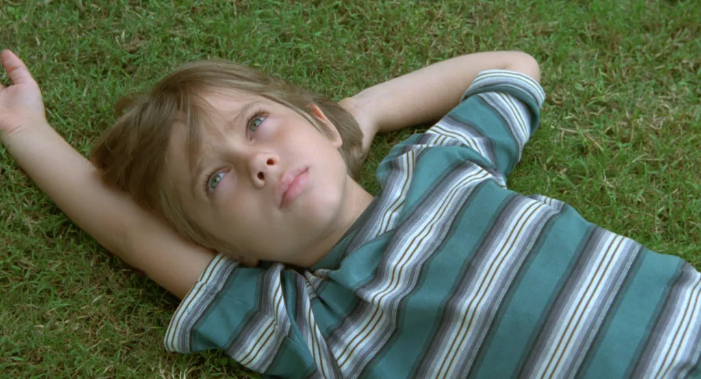 Ellar Coltrane as a boy lying in the grass.
