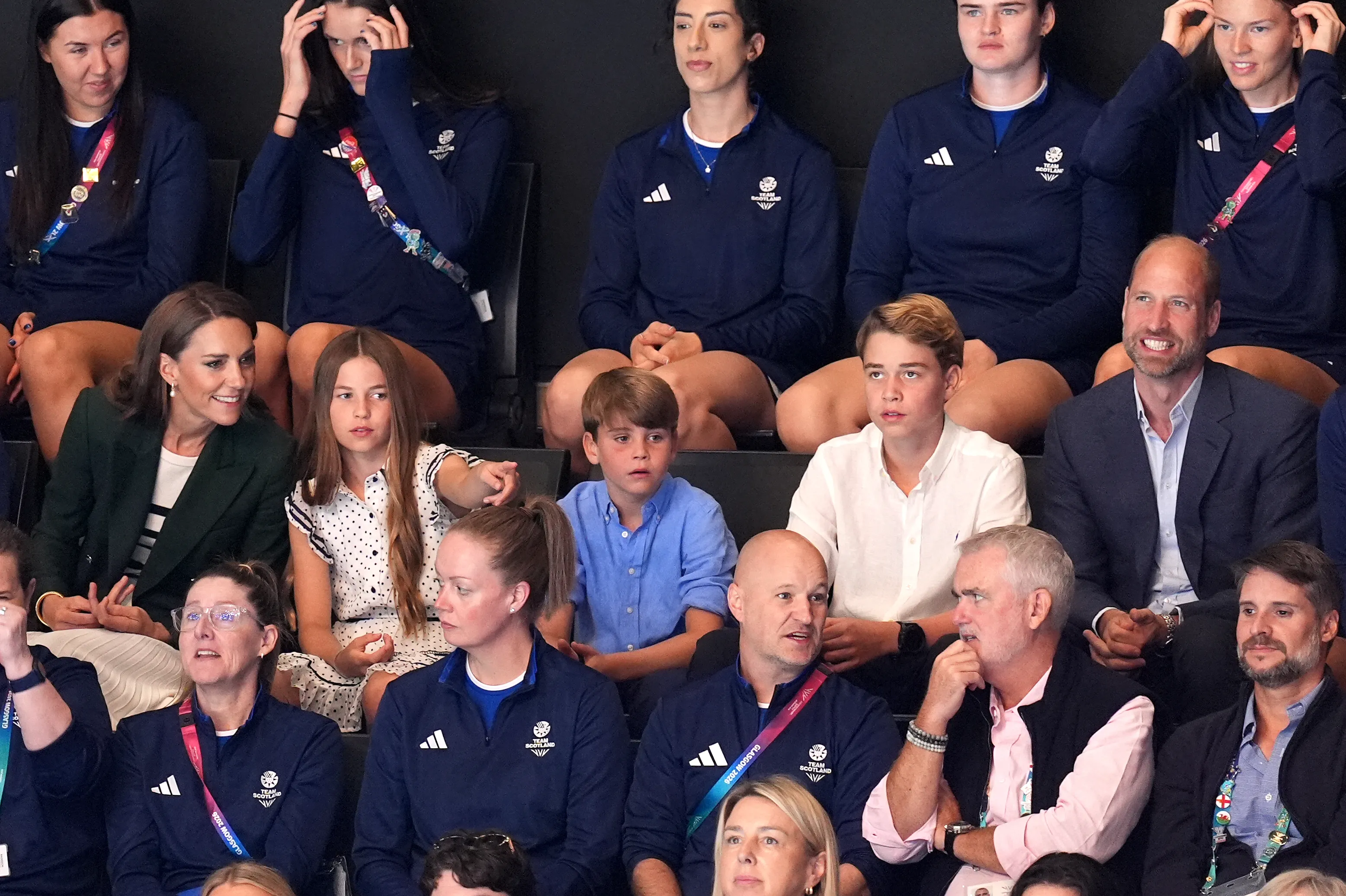 Britain's Kate, Princess of Wales, Princess Charlotte, Prince Louis, Prince George, and Prince William sit in the stands during a Netball Semi-Final match at the 2026 Commonwealth Games.
