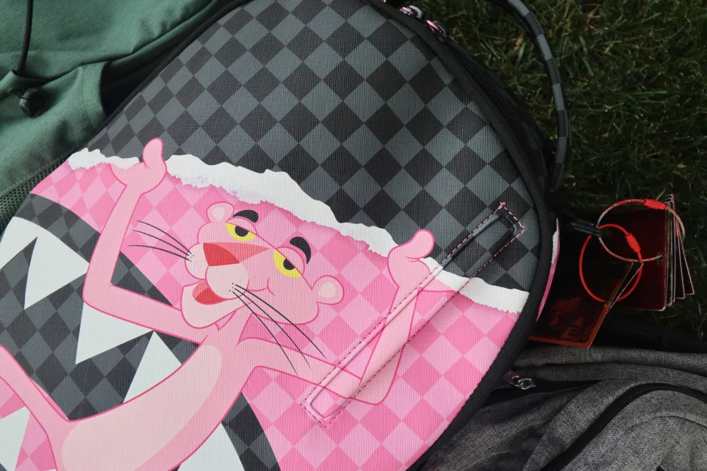 Close-up of a Pink Panther design on a backpack.