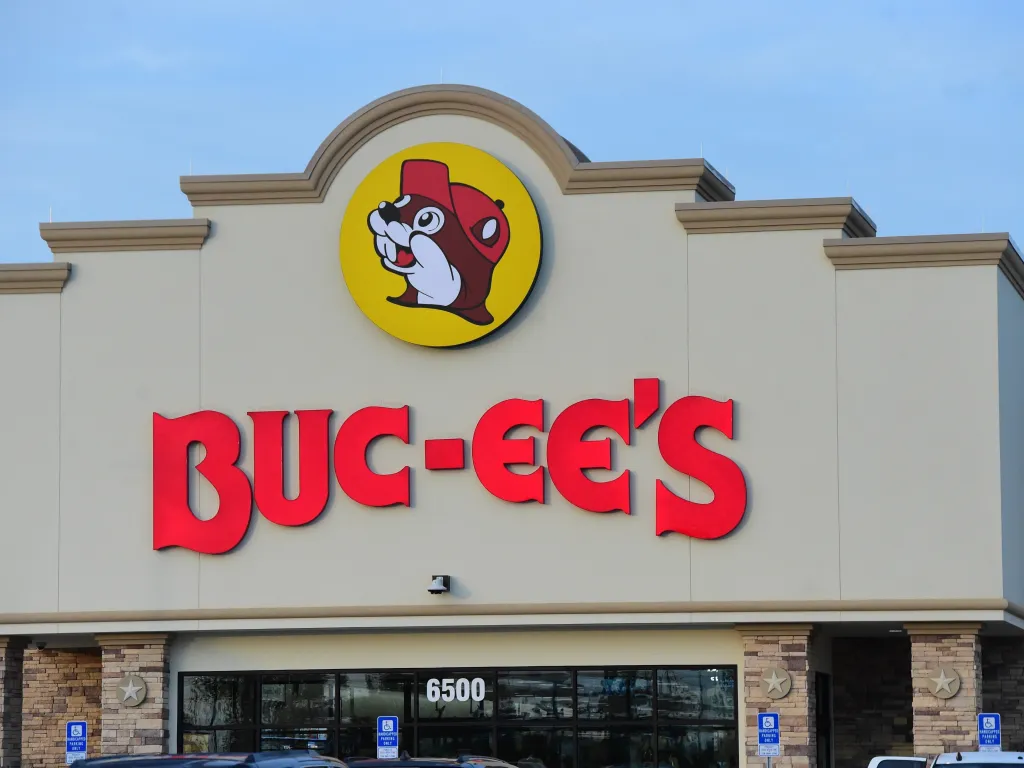 The exterior of the Buc-ee's travel center with its large red sign and beaver logo.
