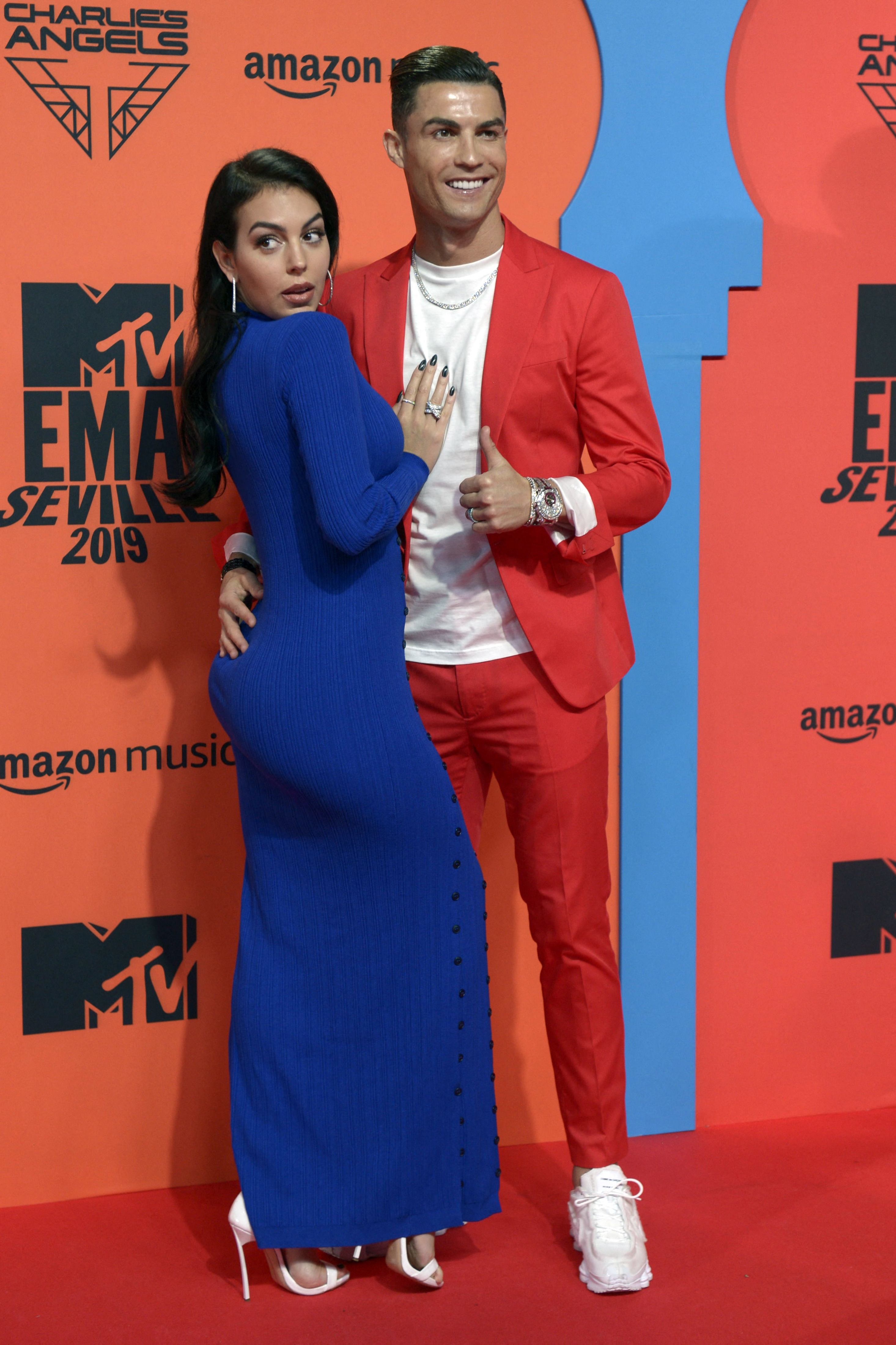 Cristiano Ronaldo and Georgina Rodriguez pose on the red carpet at the MTV Europe Music Awards.