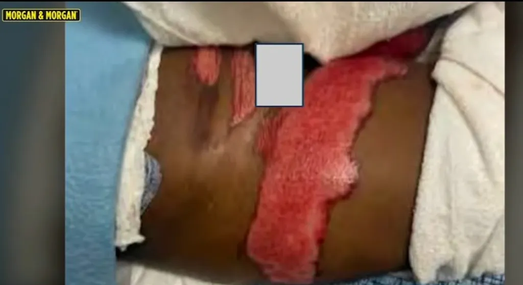 Severe burns on a person's leg and hip.