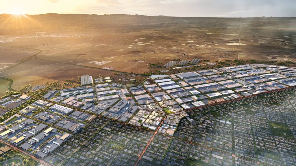 Illustration of a planned Californian city with industrial and residential areas, stretching into undeveloped land with mountains and a sunset in the distance.